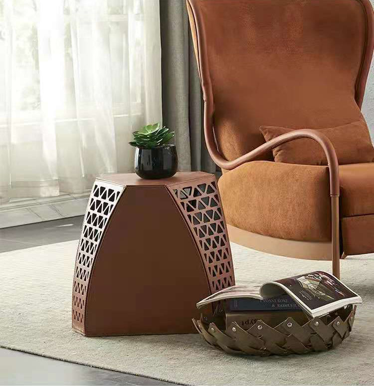 Light luxury living room saddle leather sofa ottoman